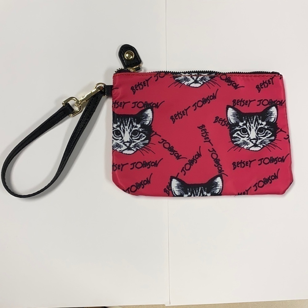 Betsy Johnson Pink Black Zip Cat Wrist Clutch Bag